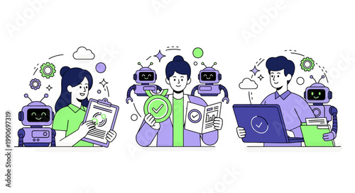 Character using virtual ai agent algorithms to structure data, improve accuracy, productivity. Automated document processing concept set. Vector illustration