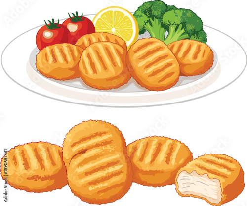 Chicken Nuggets Illustration Set with Crispy Fried Pieces, Serving Plate, and Bite Detail for Fast Food Menu Design, Snack Packaging, and Restaurant Graphics