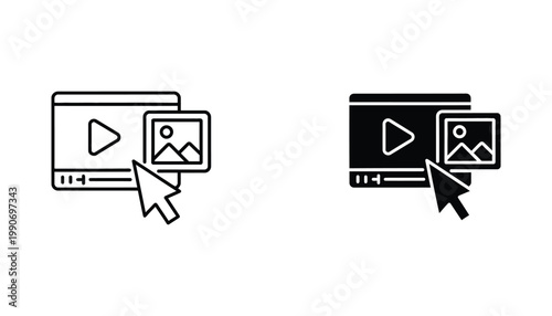 Video media player with image thumbnail selection icon in outline and solid black vector graphic