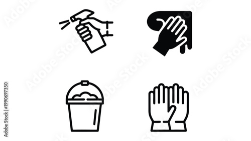 Essential Cleaning Set: A minimalistic illustration featuring a spray bottle, gloved hands, a bucket, and a pair of gloves. Symbolizing the fundamental tools used for sanitization and hygiene.