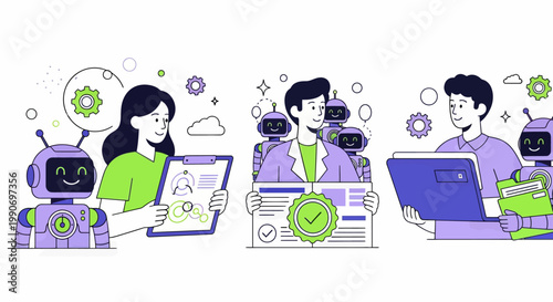 Character using virtual ai agent algorithms to structure data, improve accuracy, productivity. Automated document processing concept set. Vector illustration