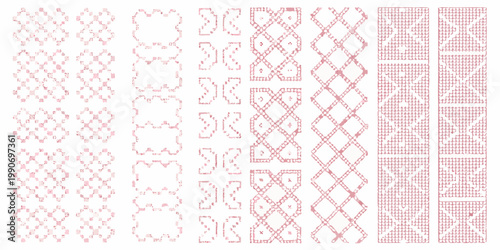 Collection of repeating red geometric patterns resembling woven textile designs