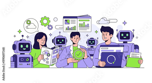 Character using virtual ai agent algorithms to structure data, improve accuracy, productivity. Automated document processing concept set. Vector illustration