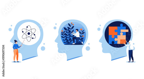Mental health illustration set. Character with mental disorder fight against stress, depression, emotional burnout and other psychological problems. Psychotherapy concept. Vector illustration