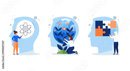 Mental health illustration set. Character with mental disorder fight against stress, depression, emotional burnout and other psychological problems. Psychotherapy concept. Vector illustration