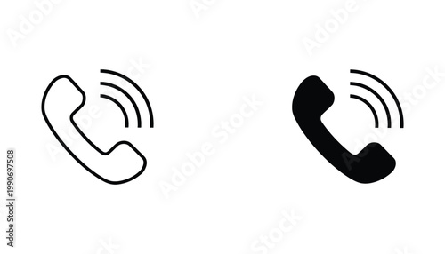 Telephone handset icon with sound waves indicating incoming call or audio communication in both outline and solid black vector formats for mobile and desktop applications