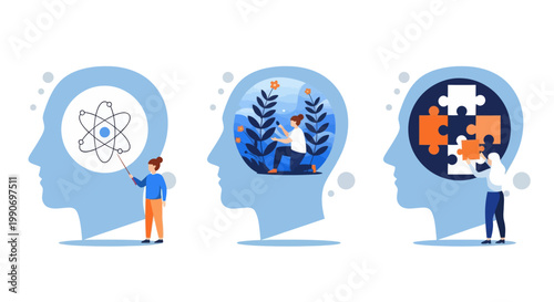 Mental health illustration set. Character with mental disorder fight against stress, depression, emotional burnout and other psychological problems. Psychotherapy concept. Vector illustration