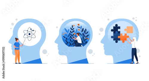 Mental health illustration set. Character with mental disorder fight against stress, depression, emotional burnout and other psychological problems. Psychotherapy concept. Vector illustration
