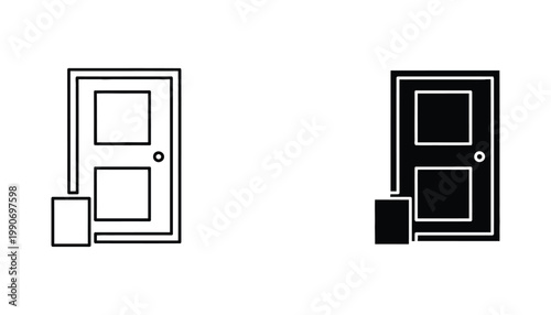Open door icon with key card access panel for secure entrance and building security concepts in black and white vector illustration for smart home and facility management technology graphics