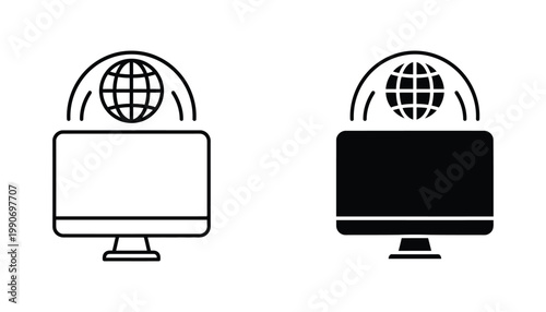 Global network computer screen icon set in outline and solid black style for web and internet technology concepts