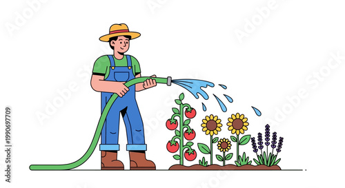 Man watering plants with green hose.