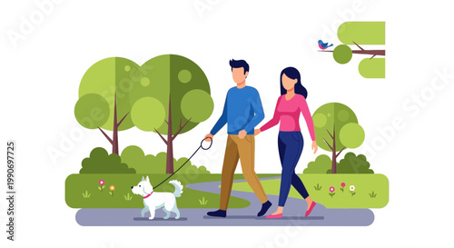 Young couple walking white dog.