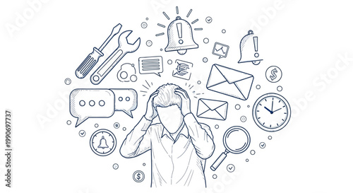 Overwhelmed Person Holding Head, Surrounded by Communication and Work Icons, Illustrating Information Overload in Line Art Style.