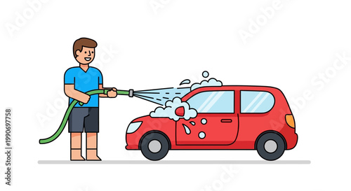 Man washing red car with hose.