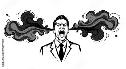 Man Screaming with Black Smoke Pouring from His Ears, Symbolizing Extreme Anger or Environmental Pollution on a Light Background.
