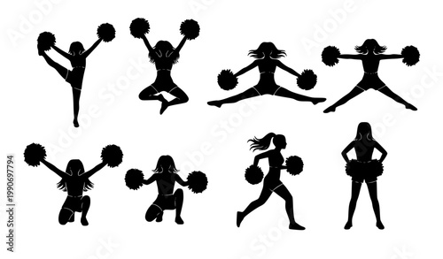 Symmetrical Cheerleader Silhouette Icon Set with Pom Poms Dynamic Dance Sports Vector Illustration