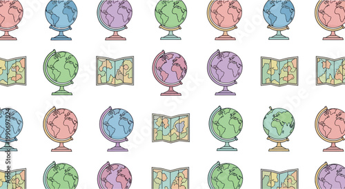 Seamless Pattern of Vintage Globes and World Maps, Pastel Colors, Retro Design