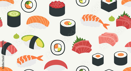 A light-colored background features a playful, repeating pattern of assorted sushi pieces