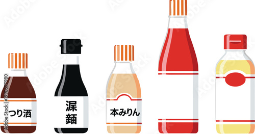 Japanese Sauce Bottle Illustration Set with Soy Sauce, Vinegar, Mirin, and Condiment Containers for Cooking Design, Asian Cuisine Graphics, and Kitchen Packaging