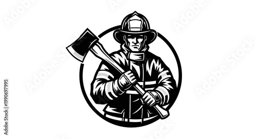 Brave Firefighter Holding Axe in Protective Uniform Circle Emblem on an Isolated White Background