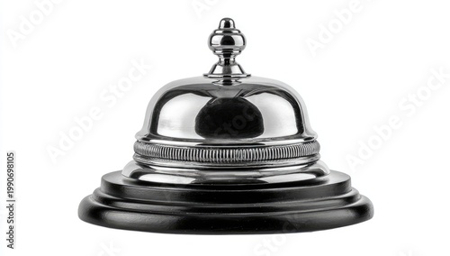 Polished metallic service bell with ribbed band on a dark round base