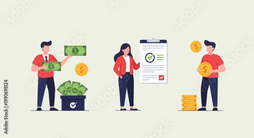 Business finance and investment concept with people, money, and document