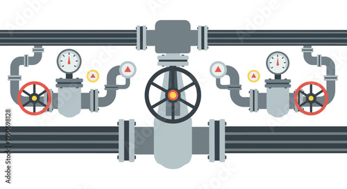 Industrial pipeline system with valves and gauges.