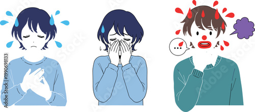 Sick Person Symptom Illustration Set with Fever, Cough, and Crying Expressions for Healthcare Awareness, Medical Education, Illness Prevention, and Patient Condition Graphics