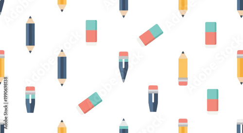 Seamless Pattern of Pencils and Erasers, Back to School Concept