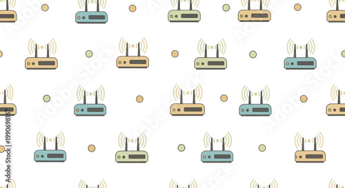Seamless pattern of wifi routers emitting wireless signals on white background, tech concept
