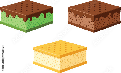 Ice Cream Sandwich Dessert Illustration Set with Chocolate, Mint, and Vanilla Flavors for Summer Treat Design, Sweet Food Branding, and Frozen Dessert Graphics