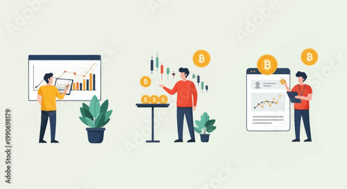 Cryptocurrency trading and investment analysis with charts and Bitcoin symbols