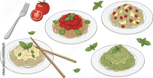Italian Pasta Dish Illustration Set with Tomato Spaghetti, Pesto, Alfredo, and Cheese Pasta for Restaurant Menu Design, Food Branding, and Culinary Graphics