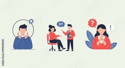Business meeting, interview and problem solving concept illustrations