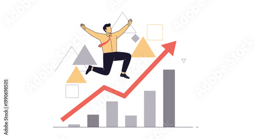 Optimistic Entrepreneur Leaping on Growth Chart, Representing Business Prosperity and Future Gains