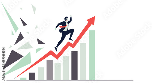 Determined Businessman Leaping Skyward on Ascending Chart, Portraying Ambitious Growth