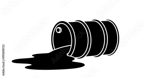 Spilled Oil Barrel Black and White Illustration on an Isolated White Background