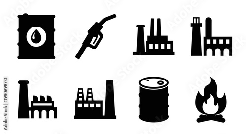 Industrial icons set with factory and oil symbols.