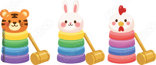 Cute Animal Stacking Ring Toy Illustration Set with Tiger, Bunny, and Chicken Characters for Kids Learning, Baby Toys, Nursery Design, and Educational Graphics