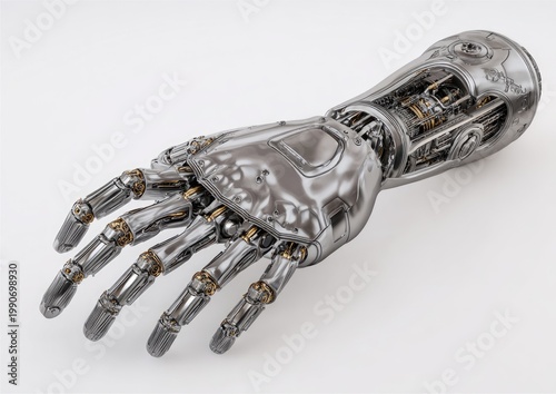 Detailed metallic robotic hand with visible internal mechanics and articulated fingers