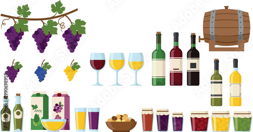 Wine Production and Grape Harvest Illustration Set with Vineyard Elements, Bottles, Glasses, Juice, and Preserves for Winery Branding, Beverage Design, and Agricultural Graphics