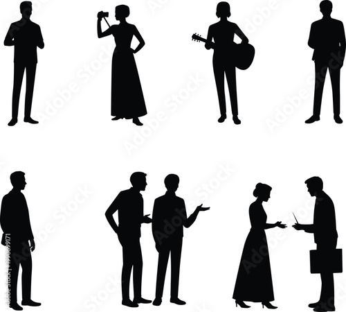 Set of diverse people silhouettes including professional businessman business woman musician with guitar photographer and corporate team members talking in office