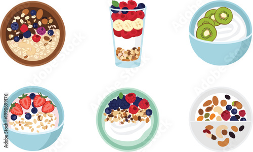 Healthy Breakfast Yogurt and Oatmeal Bowl Set with Fresh Fruits, Nuts, and Granola for Nutrition Menu Design, Organic Food Branding, and Wellness Lifestyle