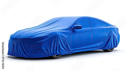 Blue-draped automobile, studio shot, hinting at new design