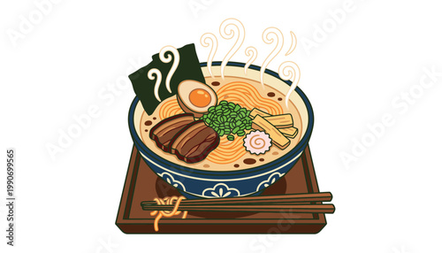 Delicious bowl of steaming ramen noodles.