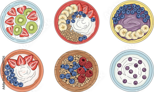 Healthy Breakfast Bowl Illustration Set with Yogurt, Oatmeal, Fresh Fruits, and Berries for Nutrition Menu Design, Organic Food Branding, and Wellness Lifestyle Graphics