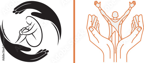 Mental health recovery vector illustration showing transition from depression to joy with supportive hands for therapy and counseling concepts