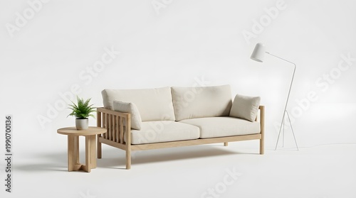 A modern wooden sofa with a side table potted plant and floor lamp in a minimalist setting