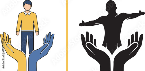Vector illustration of hands supporting a person and a silhouette of an empowered man for social care and protection concepts