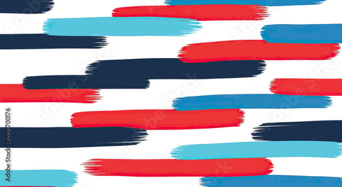 Horizontal, varied width brush strokes in blue, red, and white